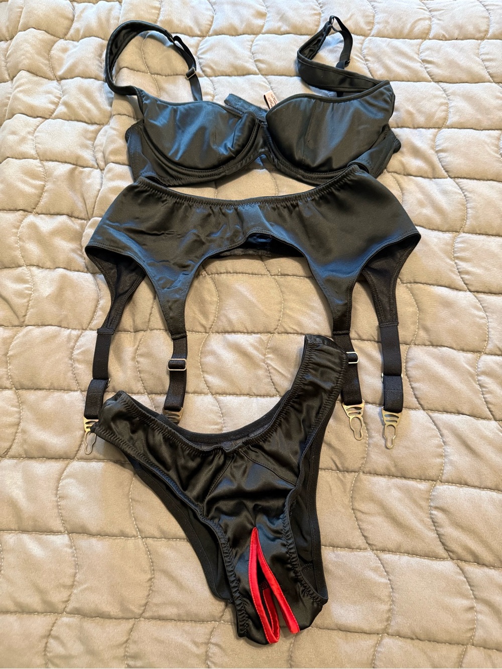 Agent Provocateur Black Nikita Lingerie Set with Red Trim Ouvert Panties